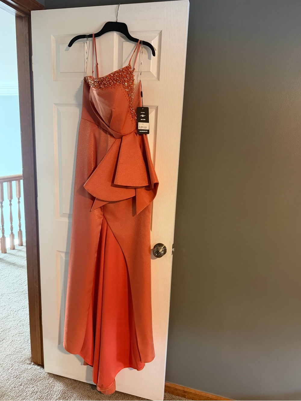 Saboroma Orange Evening Gown with Draped Ruffle